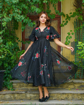 Black Handpainted Floral Dress